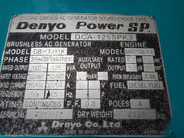 DENYO GENERATOR DCA-125PK3 - (G100-314)